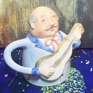VINTAGE RARE RETRO 3D SCULPTED CERAMIC TEAPOT MANDOLIN GUITAR WHIMSICAL MUSICIAN